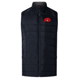 The EMB Canterbury Angry Newts Elite Microlite Gilet is a black insulated sports vest with a front zipper and red snake head logo on the upper left chest, offering warmth and mobility in a stylish hybrid design.