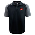 The Angry Newts Elite Polo by EMB Canterbury features a black and gray design, red snake logo on the left chest, white branding on the right shoulder, and breathable Vapodri fabric for moisture-wicking comfort.