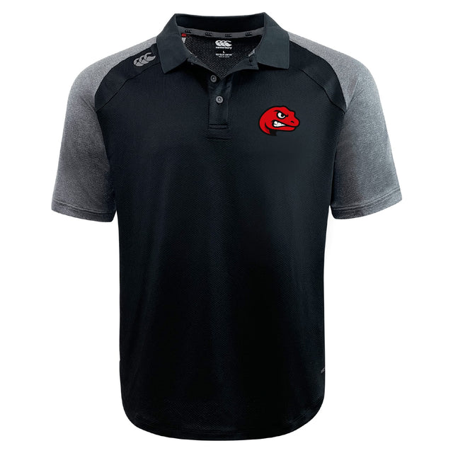 The Angry Newts Elite Polo by EMB Canterbury features a black and gray design, red snake logo on the left chest, white branding on the right shoulder, and breathable Vapodri fabric for moisture-wicking comfort.