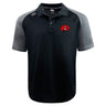 The Angry Newts Elite Polo by EMB Canterbury features a black and gray design, red snake logo on the left chest, white branding on the right shoulder, and breathable Vapodri fabric for moisture-wicking comfort.
