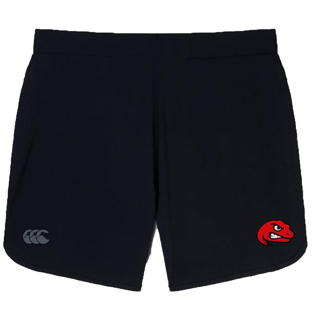 The Angry Newts Elite Woven Short by EMB Canterbury features a silver "CCC" logo on the left leg, a red snake head on the right, and zippered pockets for secure storage—ideal for training sessions.