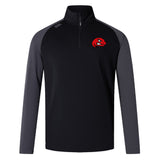 The Angry Newts Elite First Layer by EMB Canterbury is a black and gray long-sleeve quarter-zip rugby training top with a red cartoon snake logo on the left chest and a small brand logo on the right shoulder.