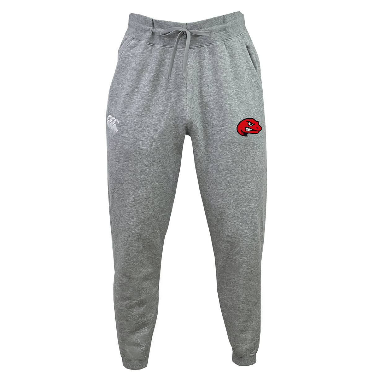 The Angry Newts Leisure Sweatpant by EMB Canterbury features gray organic cotton fleece, a drawstring, elastic waistband and cuffs, with red dinosaur and white logos on the thighs. Sustainable materials provide ultimate comfort.