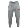 The Angry Newts Leisure Sweatpant by EMB Canterbury features gray organic cotton fleece, a drawstring, elastic waistband and cuffs, with red dinosaur and white logos on the thighs. Sustainable materials provide ultimate comfort.