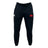 The Angry Newts Leisure Sweatpant by EMB Canterbury features black organic cotton, a drawstring waist, white logo on the right thigh, red cartoon face patch on the left, and is crafted from sustainable fleece for comfort.