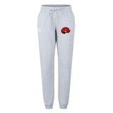 The Angry Newts Women's Leisure Sweatpant by EMB Canterbury features light gray organic cotton, a drawstring waist, and a red dragon logo on the left thigh.