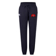 The Angry Newts Women's Leisure Sweatpant by EMB Canterbury features navy blue fabric, an elastic waistband with drawstring, a white logo on the left thigh, and a red snake emblem on the right—ideal for everyday comfort and style.