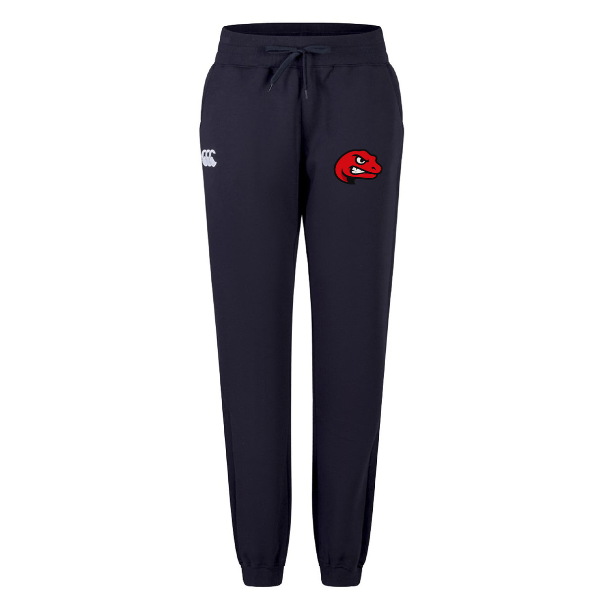 The Angry Newts Women's Leisure Sweatpant by EMB Canterbury features navy blue fabric, an elastic waistband with drawstring, a white logo on the left thigh, and a red snake emblem on the right—ideal for everyday comfort and style.