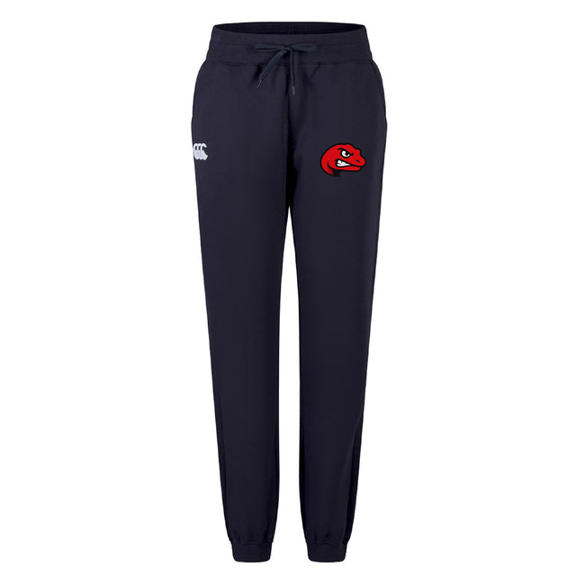 The Angry Newts Women's Leisure Sweatpant by EMB Canterbury features navy blue fabric, an elastic waistband with drawstring, a white logo on the left thigh, and a red snake emblem on the right—ideal for everyday comfort and style.