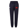The Angry Newts Women's Leisure Sweatpant by EMB Canterbury features navy blue fabric, an elastic waistband with drawstring, a white logo on the left thigh, and a red snake emblem on the right—ideal for everyday comfort and style.
