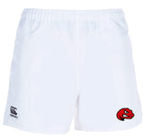 The Angry Newts Professional Polyester Rugby Short by EMB Canterbury features an elastic waistband, the Canterbury logo on one leg, and a red snake head mascot on the other.