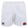 The Angry Newts Advantage Short 2.0 by EMB Canterbury features a black Canterbury logo on the left leg and a red cartoon dinosaur head on the right, perfect for athletes who value sustainable sportswear.