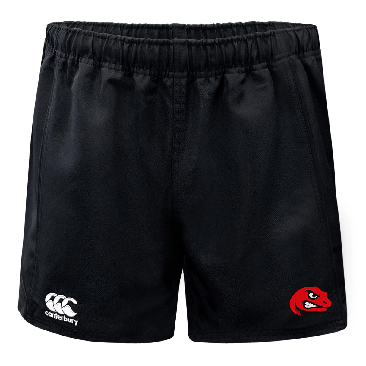 The Angry Newts Advantage Rugby Shorts by EMB Canterbury feature black fabric, an elastic waistband, a white Canterbury logo on the left leg, and a red snake head logo on the right. These shorts are moisture wicking for cool comfort on the field.