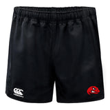 The Angry Newts Advantage Rugby Shorts by EMB Canterbury feature black fabric, an elastic waistband, a white Canterbury logo on the left leg, and a red snake head logo on the right. These shorts are moisture wicking for cool comfort on the field.