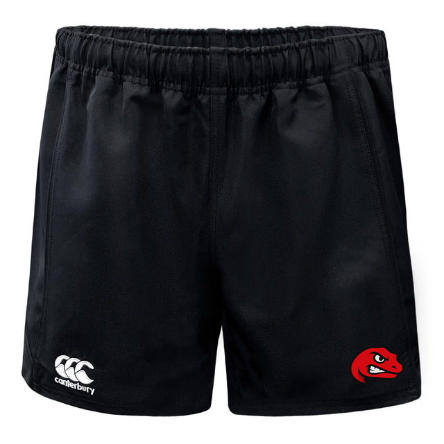 The Angry Newts Advantage Rugby Shorts by EMB Canterbury feature black fabric, an elastic waistband, a white Canterbury logo on the left leg, and a red snake head logo on the right. These shorts are moisture wicking for cool comfort on the field.