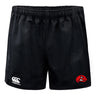 The Angry Newts Advantage Rugby Shorts by EMB Canterbury feature black fabric, an elastic waistband, a white Canterbury logo on the left leg, and a red snake head logo on the right. These shorts are moisture wicking for cool comfort on the field.