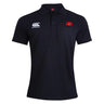 The Angry Newts Waimak Polo by EMB Canterbury is a black men's short-sleeve rugby polo with a white Canterbury logo on the right chest and a red snake head emblem, ideal for fans of classic CCC Waimak Rugby Polo style.