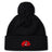The Angry Newts Pom Pom Beanie by EMB Canterbury is a black knit hat with fleece lining, a top pom-pom, and a fierce red dinosaur head logo on the front cuff.
