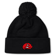 The Angry Newts Pom Pom Beanie by EMB Canterbury is a black knit hat with fleece lining, a top pom-pom, and a fierce red dinosaur head logo on the front cuff.