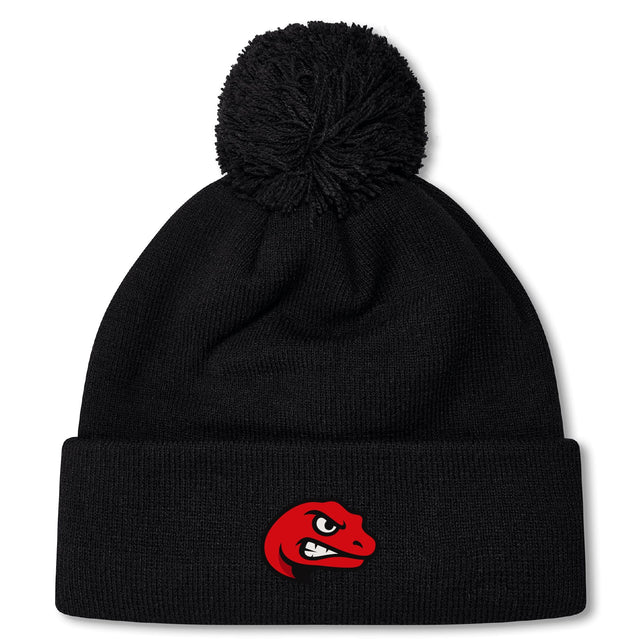 The Angry Newts Pom Pom Beanie by EMB Canterbury is a black knit hat with fleece lining, a top pom-pom, and a fierce red dinosaur head logo on the front cuff.