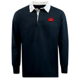 The EMB Mudoo Angry Newts Classic Long Sleeve Solid Rugby Jersey is a dark rugby shirt with a white collar and a red cartoon snake logo on the left chest.