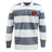 The EMB Mudoo Angry Newts Classic Long Sleeve Hooped Rugby Jersey features wide white and gray stripes with a red snake head logo on the left chest.