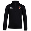 The West Potomac RFC Club 1/4 Zip Mid Layer Training Top by EMB Canterbury is a black rugby training top with a Canterbury logo on the right chest and a red-and-white crest on the left chest.