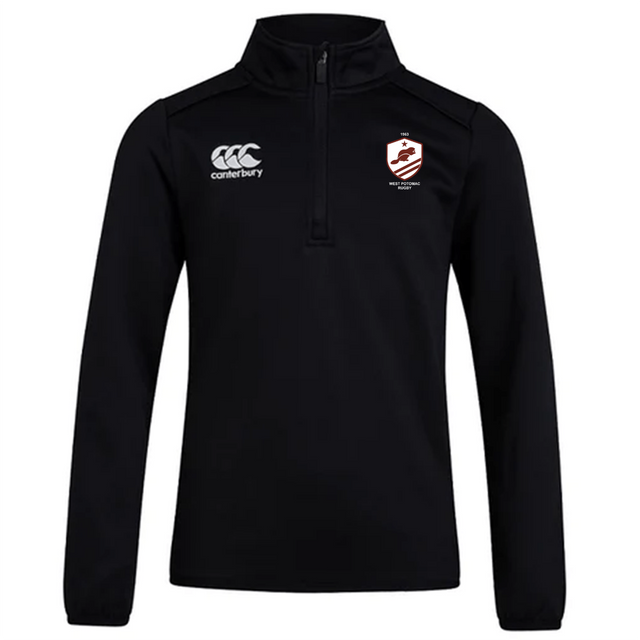 The West Potomac RFC Club 1/4 Zip Mid Layer Training Top by EMB Canterbury is a black rugby training top with a Canterbury logo on the right chest and a red-and-white crest on the left chest.