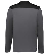 Back view of the EMB Augusta Nations of Rugby France Sideline Grid 1/4 Zip Pullover, featuring long sleeves and a dark gray design with a black panel across the shoulders, inspired by classic French rugby style.
