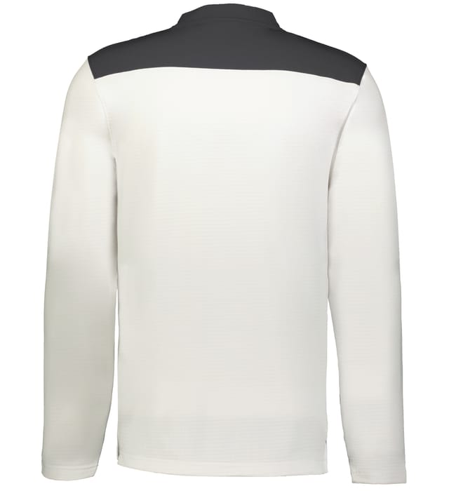 Back view of the EMB Augusta Nations of Rugby Australia Sideline Grid 1/4 Zip Pullover, a white long-sleeve shirt with a solid dark gray shoulder panel inspired by classic Australian rugby style.