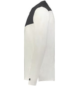 Side view of the EMB Augusta Nations of Rugby France Sideline Grid 1/4 Zip Pullover in white, featuring long sleeves and a black panel across the upper back and shoulders.