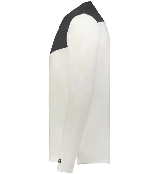 The EMB Augusta Nations of Rugby Australia Sideline Grid 1/4 Zip Pullover features white sleeves and body with a black shoulder panel—shown from the side, it’s perfect for Australia rugby fans.