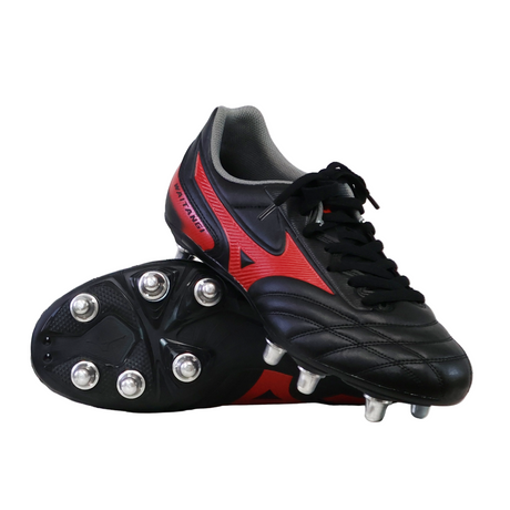 A pair of Mizuno Waitangi II CL SG rugby boots in Black/Morelia 40th Anniversary Red, one upright and one on its side, featuring metal studs and displayed against a plain background.