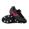 A pair of Mizuno Waitangi II CL SG rugby boots in Black/Morelia 40th Anniversary Red, one upright and one on its side, featuring metal studs and displayed against a plain background.