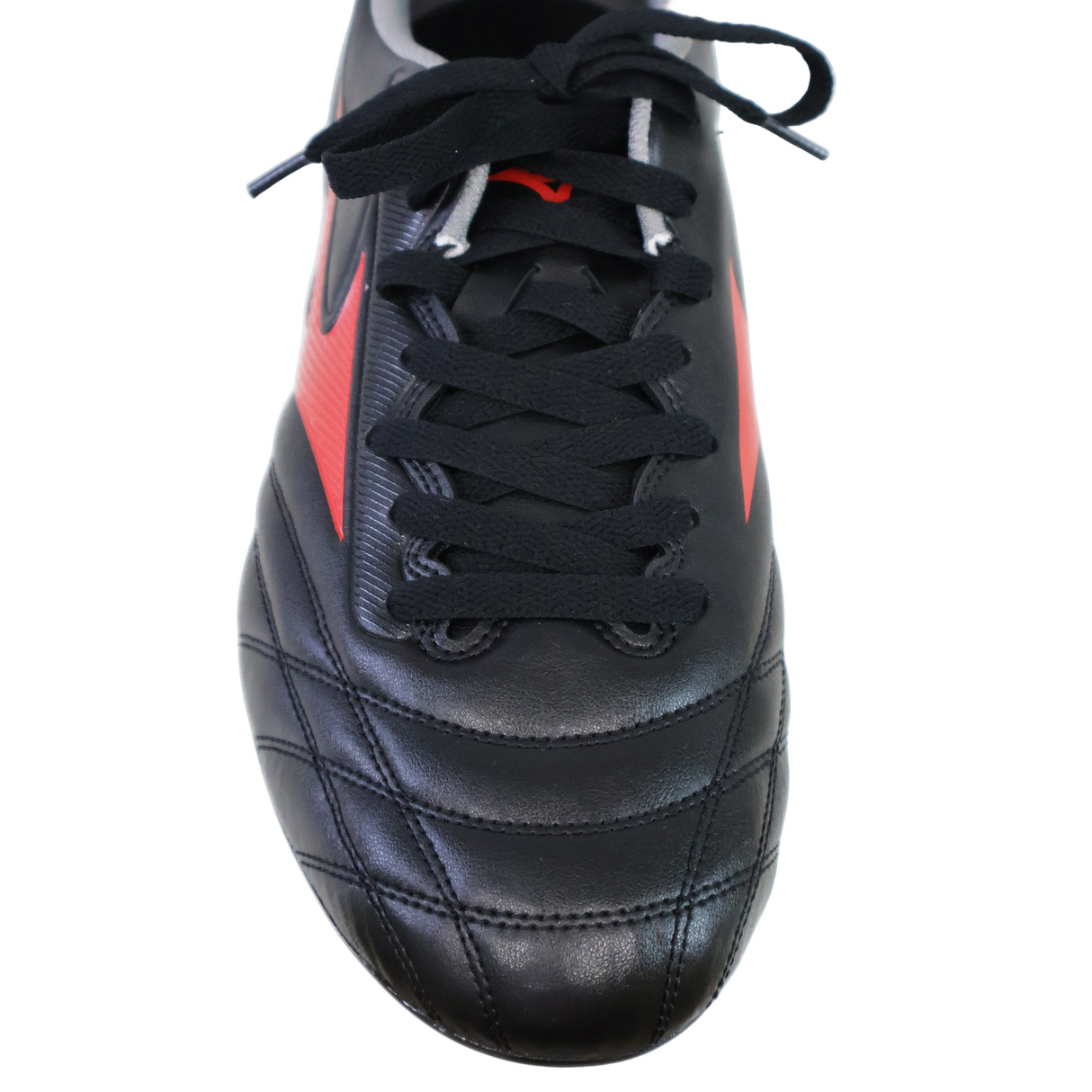 The Mizuno Waitangi II CL SG - Black/Morelia 40th Anniversary Red is a wide-fit black soccer cleat with red accents, black laces, and toe stitching, shown from above on a white background—ideal for rugby players.