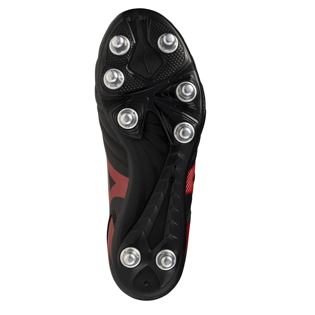 The Mizuno Waitangi II CL SG rugby boots in Black/Morelia 40th Anniversary Red, shown from the sole, feature six metal studs and a textured outsole for superior traction.