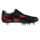 The Mizuno Waitangi II CL SG rugby boots in Black/Morelia 40th Anniversary Red, featuring metal studs, are shown from the side against a plain white background.