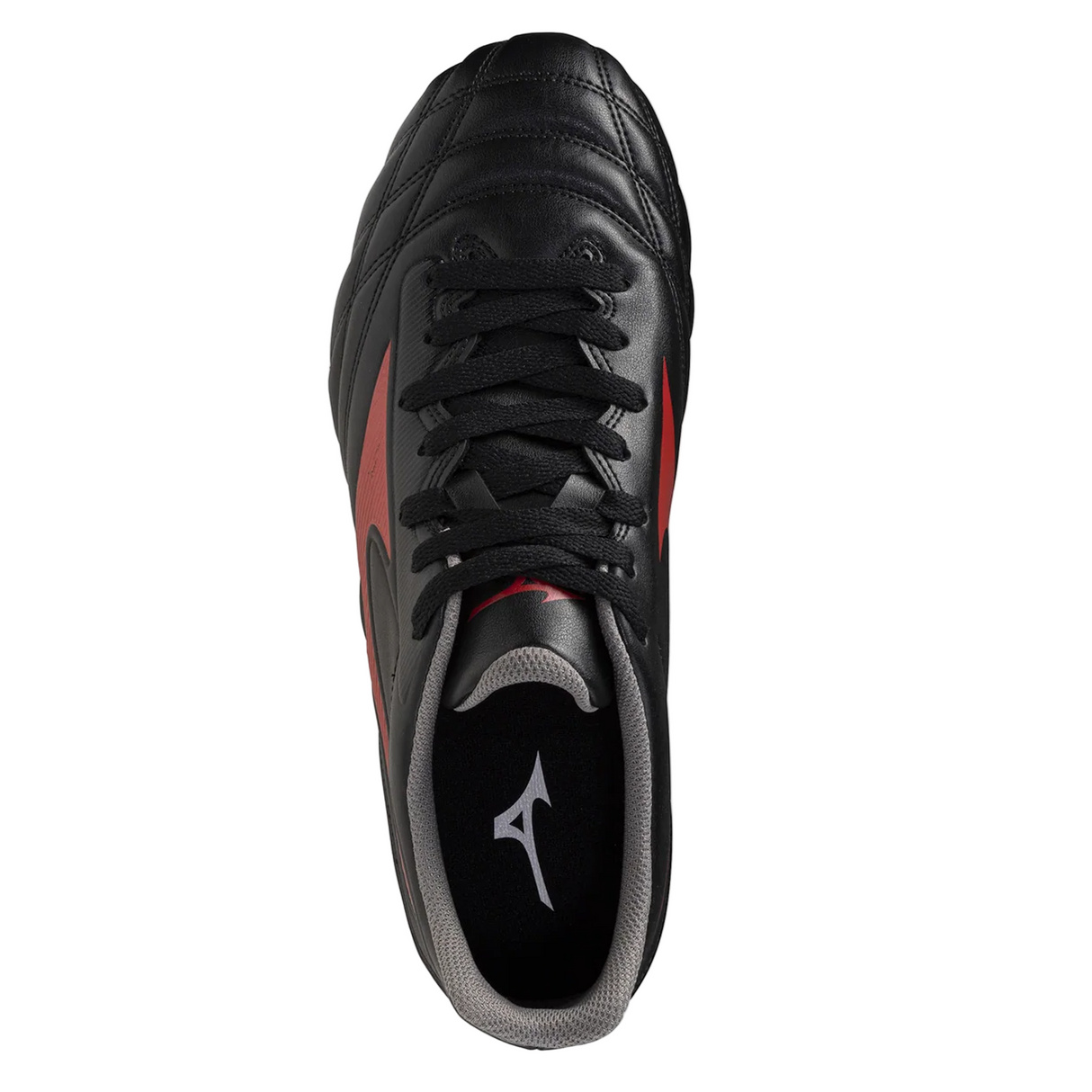 A top view of the Mizuno Waitangi II CL SG in Black/Morelia 40th Anniversary Red, showing black laces, a gray inner lining, and a white insole logo—rugby boots by Mizuno.