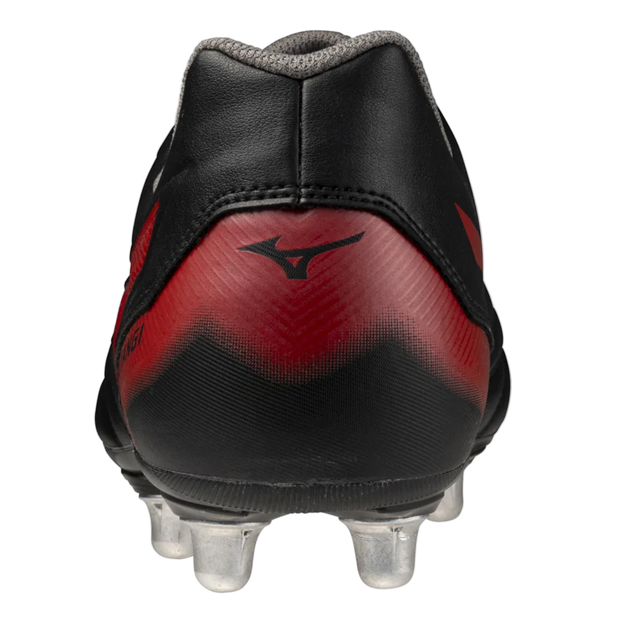 Rear view of a Mizuno Waitangi II CL SG rugby boot in Black/Morelia 40th Anniversary Red, featuring the Mizuno logo and metal studs on the sole.
