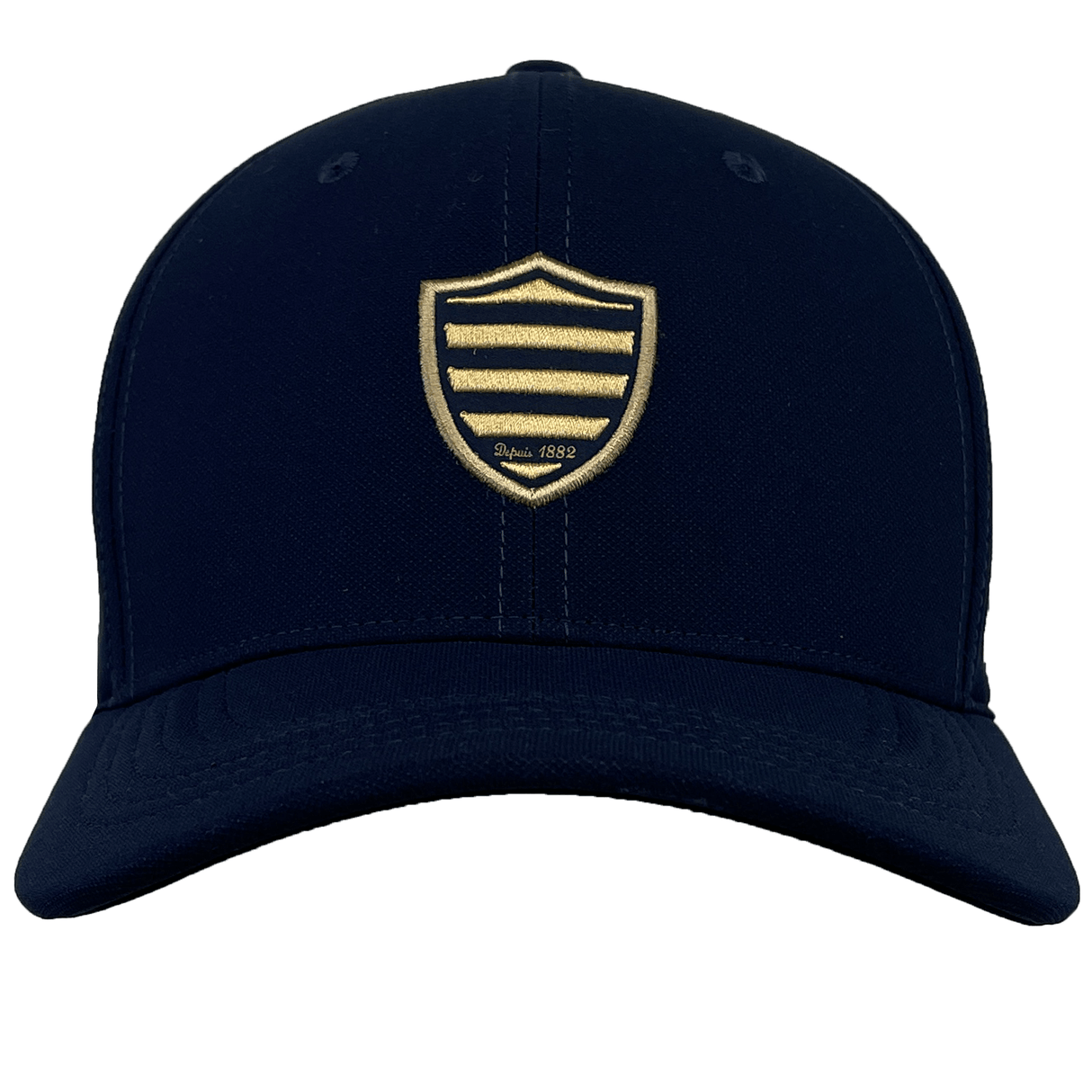 A black Racing 92 Classic 99 Cap by Nike with a gold shield and striped emblem on the front center, featuring sweat-wicking fabric for all-day comfort.
