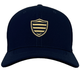 A black Racing 92 Classic 99 Cap by Nike with a gold shield and striped emblem on the front center, featuring sweat-wicking fabric for all-day comfort.