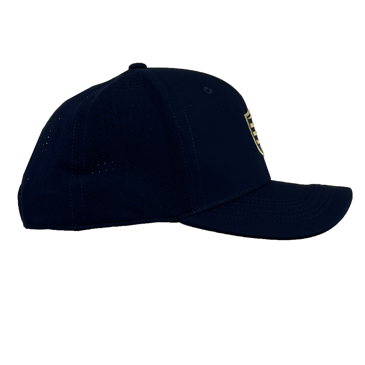 Side view of a navy blue Racing 92 Classic 99 Cap by Nike with a curved bill, perforated design on the crown, and sweat-wicking fabric for ultimate comfort.