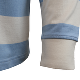 Close-up of the Nike Racing 92 25/26 Heritage Long Sleeve Rugby Jersey, featuring light blue and white horizontal stripes, highlighting the cuff and part of the torso.