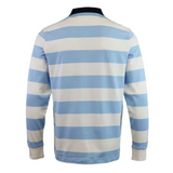 The Racing 92 25/26 Heritage Long Sleeve Rugby Jersey by Nike features horizontal light blue and white stripes and is shown from the back.