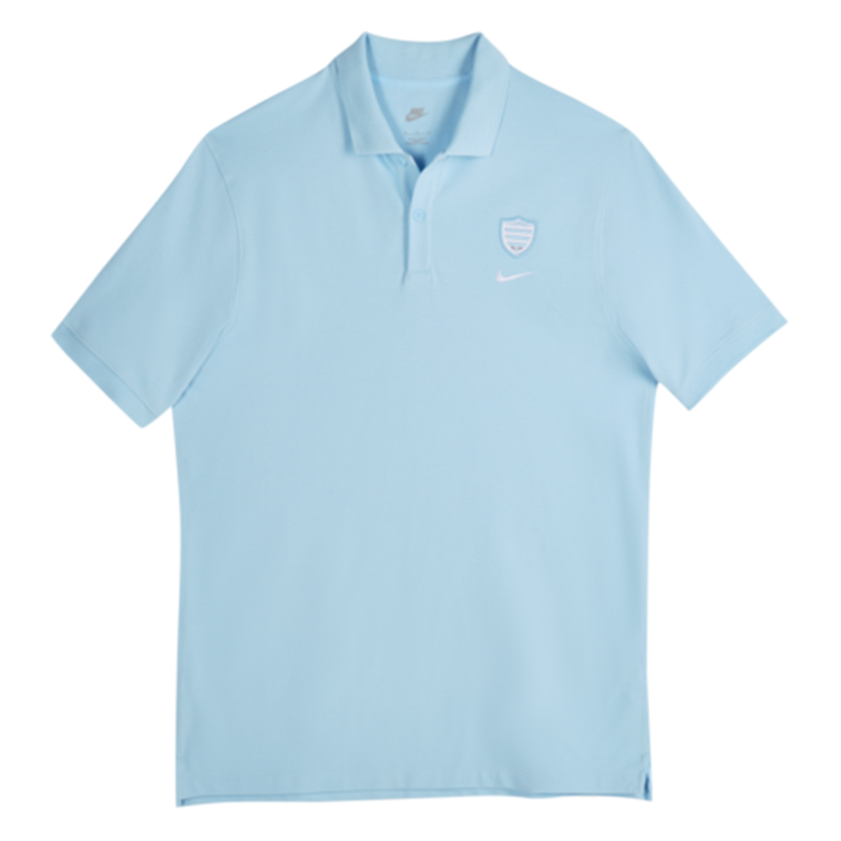 The Racing 92 25/26 Pique Polo by Nike features a light blue, short-sleeve design with a collar, three-button placket, and left chest logos. Made from breathable cotton for comfort and style.