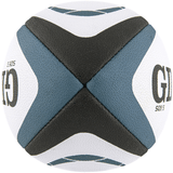 Close-up image of the Gilbert Kinetica Match Ball, showcasing a unique black, grey, and white geometric pattern and featuring the Truflight valve for optimal air retention.