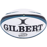 A Gilbert Kinetica Match Ball, size 5, features blue and black accents with the brand's logo prominently displayed. This model boasts a G-X rubber compound surface and incorporates a Truflight valve for enhanced accuracy.
