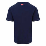 Back side of navy short sleeve cotton t-shirt with white stitching around the arm sleeves and base of the shirt.  The England flag is at the base of the neck. 