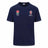 Navy round neck short sleeve t-shirt with white stitching around the sleeves and base of shirt. England Rugby rose logo sits on upper right chest while RWC France 2023 logo is on the upper left chest. 