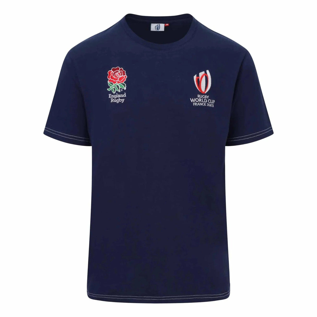 Navy round neck short sleeve t-shirt with white stitching around the sleeves and base of shirt. England Rugby rose logo sits on upper right chest while RWC France 2023 logo is on the upper left chest. 